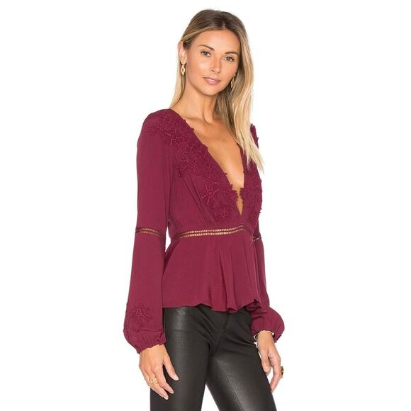 For Love & Lemons Deep V Long‎ Sleeve Blouse Top in Wine Size Large - Picture 2 of 9